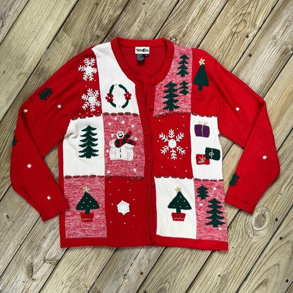 Winona Women's Vintage Red Christmas Theme Holiday Cardigan Sweater Size XL - Picture 1 of 7